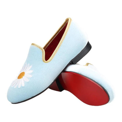 Kids Loafers Daisy Dreams: Handmade Toddler Loafers in Sky Blue Velvet with Charming Daisy Embroidery-Loafer Shoes-GUOCALI