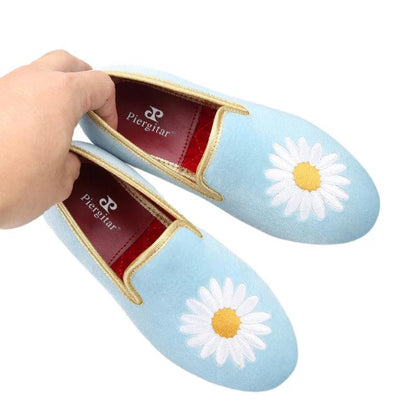 Kids Loafers Daisy Dreams: Handmade Toddler Loafers in Sky Blue Velvet with Charming Daisy Embroidery-Loafer Shoes-GUOCALI