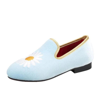 Kids Loafers Daisy Dreams: Handmade Toddler Loafers in Sky Blue Velvet with Charming Daisy Embroidery-Loafer Shoes-GUOCALI