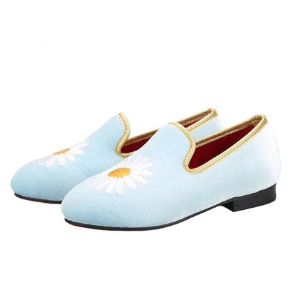 Kids Loafers Daisy Dreams: Handmade Toddler Loafers in Sky Blue Velvet with Charming Daisy Embroidery-Loafer Shoes-GUOCALI