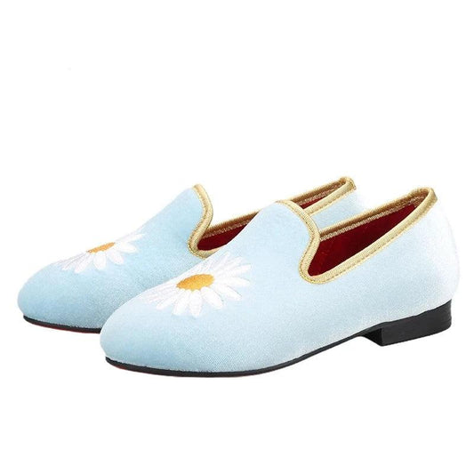 Kids Loafers Daisy Dreams: Handmade Toddler Loafers in Sky Blue Velvet with Charming Daisy Embroidery-Loafer Shoes-GUOCALI