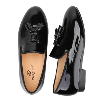 Kids Loafers Gleam & Glide: Black Patent Leather Kid Loafers with Tassel Charm-Loafer Shoes-GUOCALI