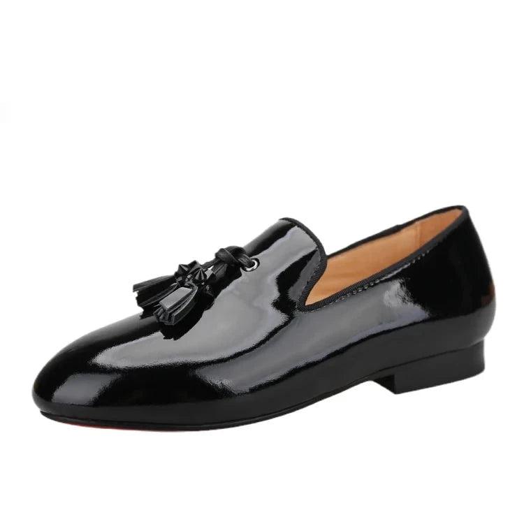 Kids Loafers Gleam & Glide: Black Patent Leather Kid Loafers with Tassel Charm-Loafer Shoes-GUOCALI