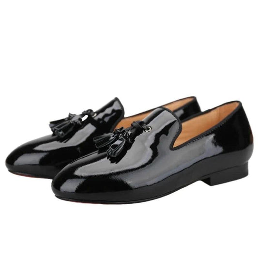 Kids Loafers Gleam & Glide: Black Patent Leather Kid Loafers with Tassel Charm-Loafer Shoes-GUOCALI
