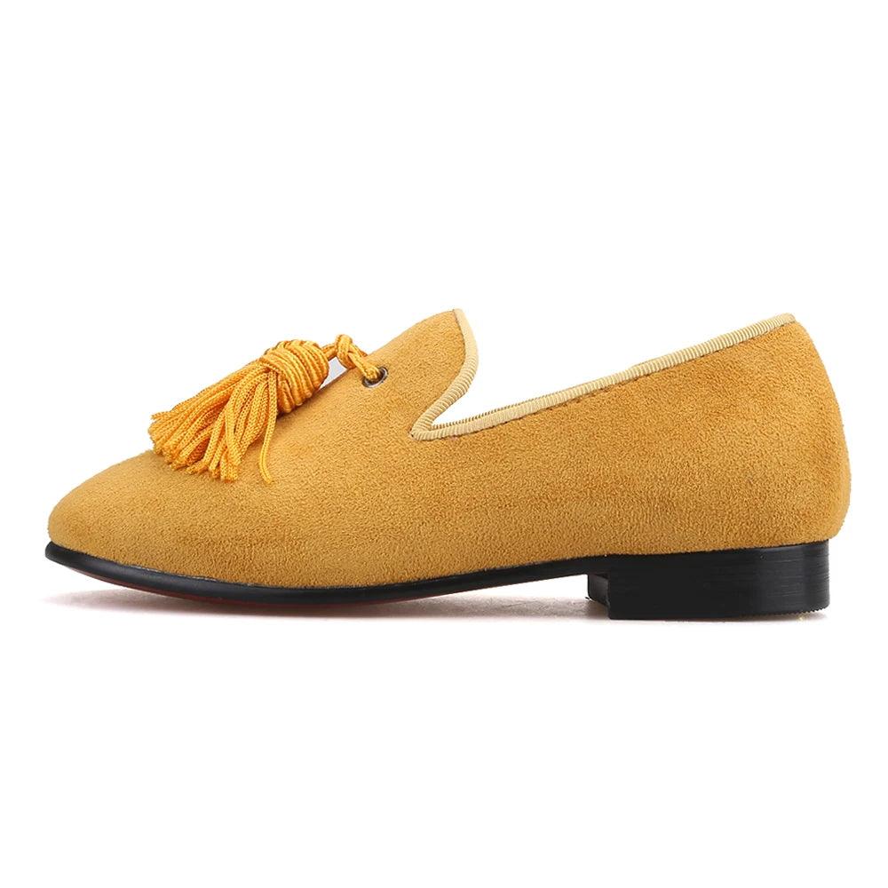 Kids Loafers Gold Suede Kids' Loafer Shoes: Tassel Party Shoes with Signature Red Bottom-Loafer Shoes-GUOCALI