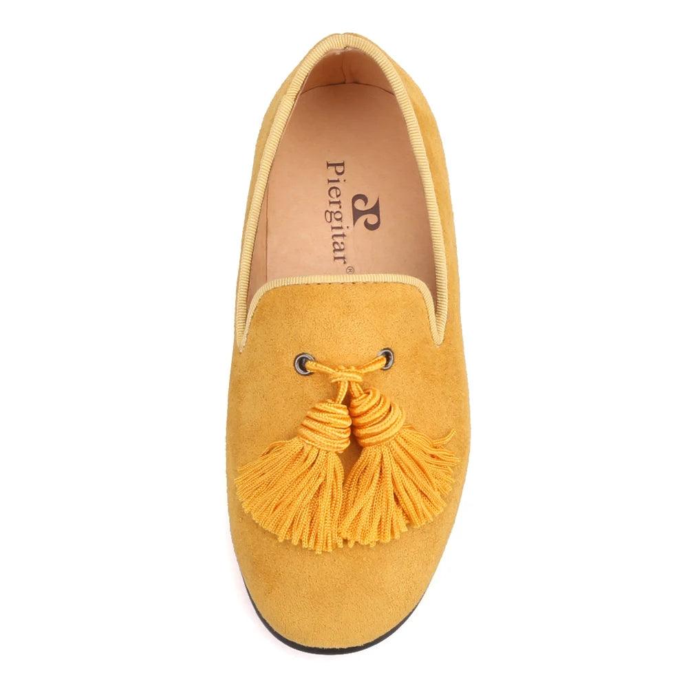 Kids Loafers Gold Suede Kids' Loafer Shoes: Tassel Party Shoes with Signature Red Bottom-Loafer Shoes-GUOCALI