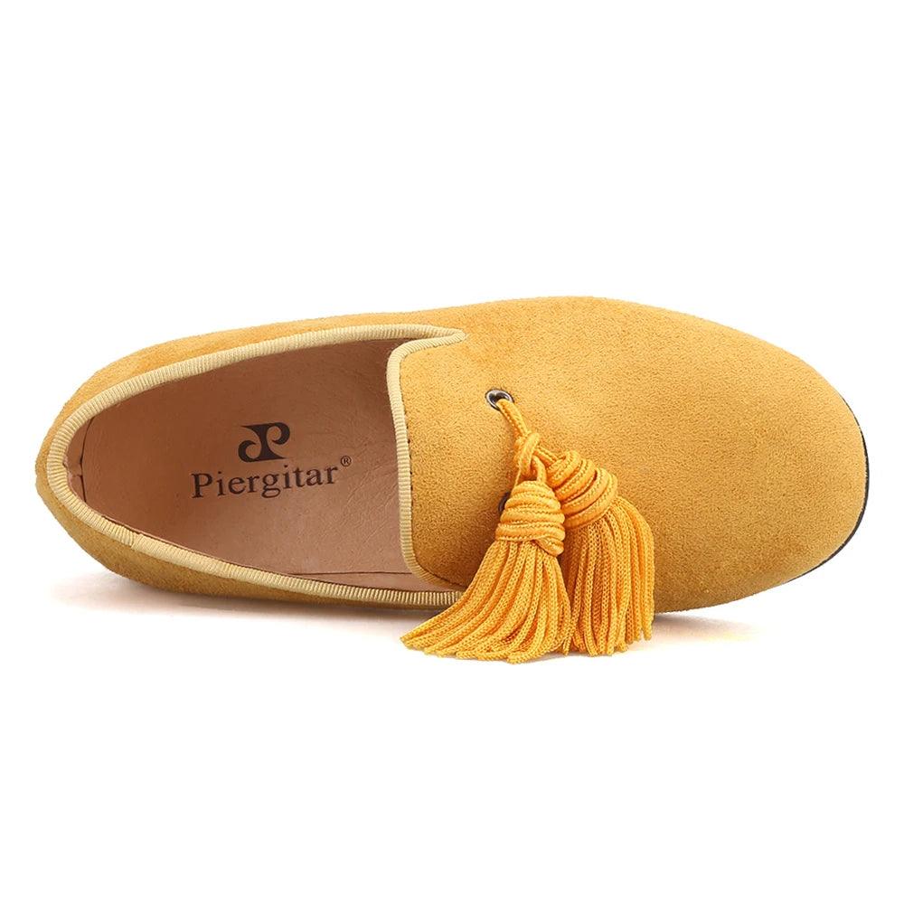 Kids Loafers Gold Suede Kids' Loafer Shoes: Tassel Party Shoes with Signature Red Bottom-Loafer Shoes-GUOCALI