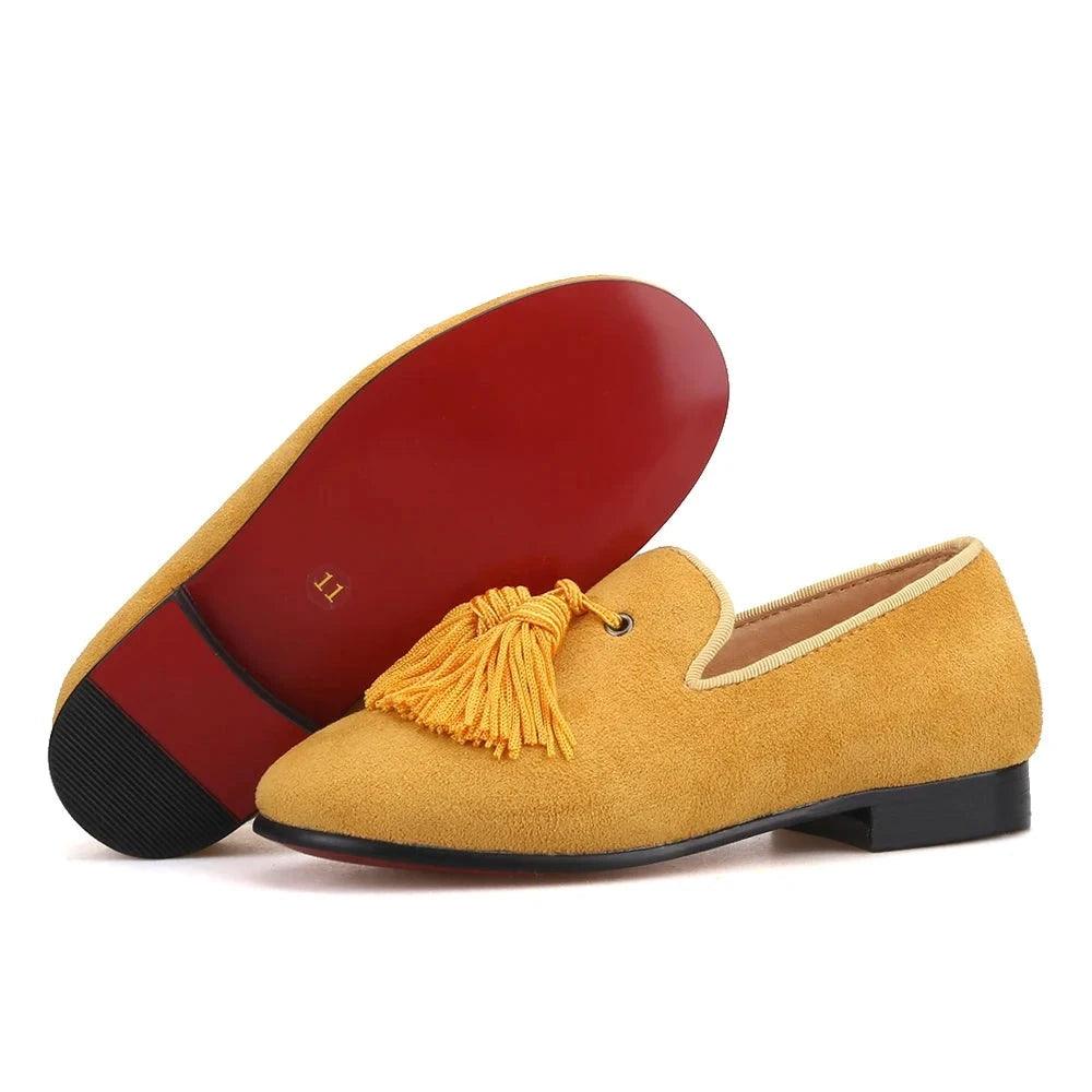 Kids Loafers Gold Suede Kids' Loafer Shoes: Tassel Party Shoes with Signature Red Bottom-Loafer Shoes-GUOCALI