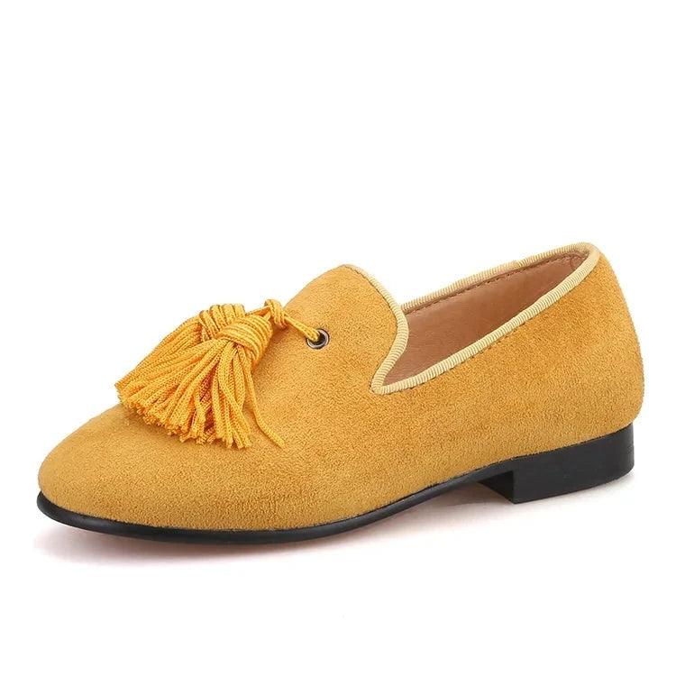 Kids Loafers Gold Suede Kids' Loafer Shoes: Tassel Party Shoes with Signature Red Bottom-Loafer Shoes-GUOCALI