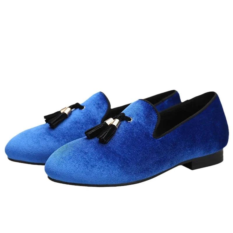 Kids Loafers Klein Blue Velvet Parent-Child Loafers with Gold Buckle Tassel Detail-Loafer Shoes-GUOCALI