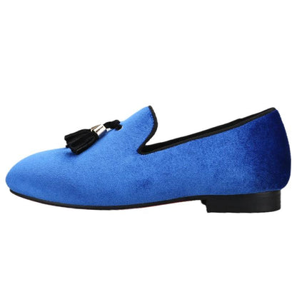 Kids Loafers Klein Blue Velvet Parent-Child Loafers with Gold Buckle Tassel Detail-Loafer Shoes-GUOCALI