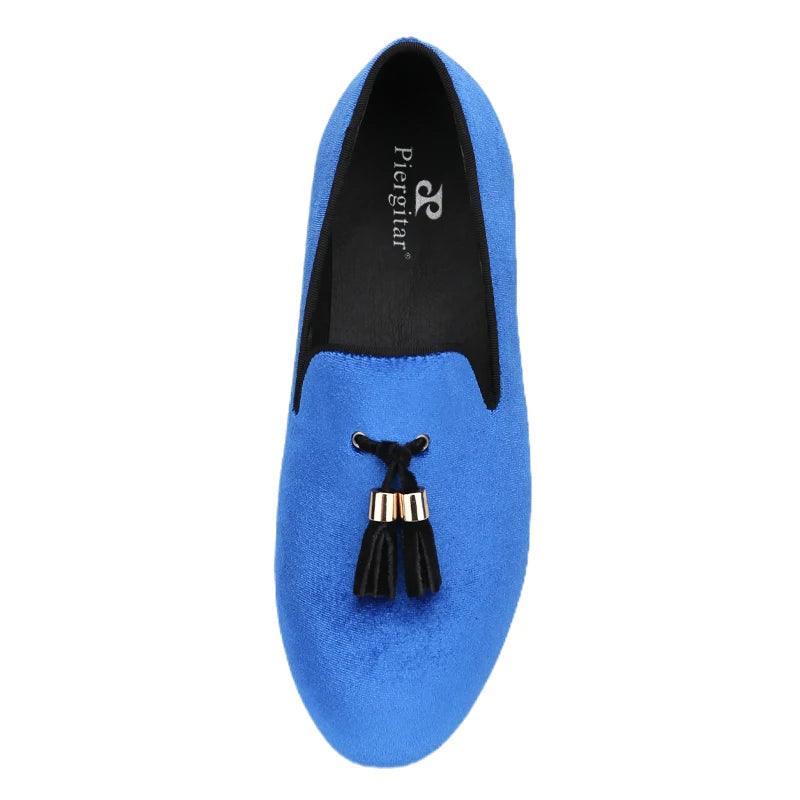 Kids Loafers Klein Blue Velvet Parent-Child Loafers with Gold Buckle Tassel Detail-Loafer Shoes-GUOCALI