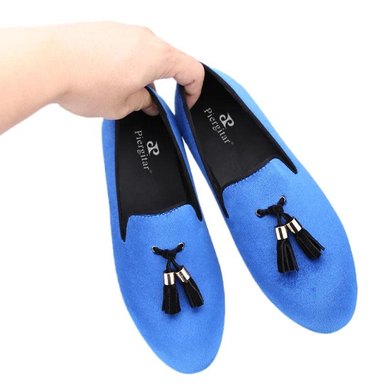 Kids Loafers Klein Blue Velvet Parent-Child Loafers with Gold Buckle Tassel Detail-Loafer Shoes-GUOCALI