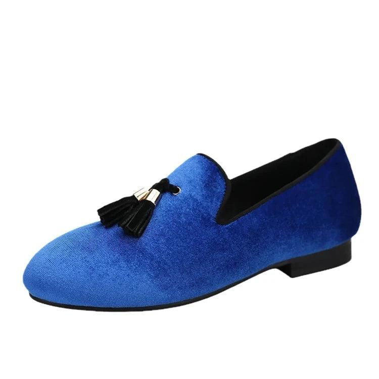 Kids Loafers Klein Blue Velvet Parent-Child Loafers with Gold Buckle Tassel Detail-Loafer Shoes-GUOCALI