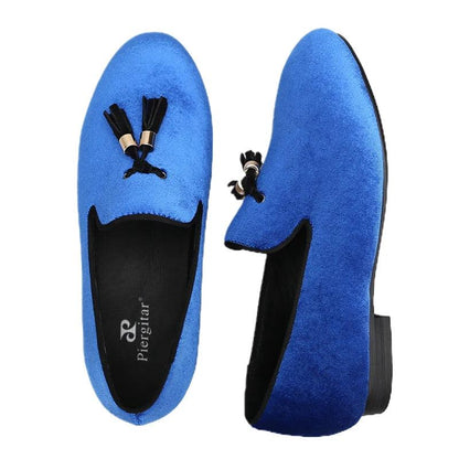 Kids Loafers Klein Blue Velvet Parent-Child Loafers with Gold Buckle Tassel Detail-Loafer Shoes-GUOCALI