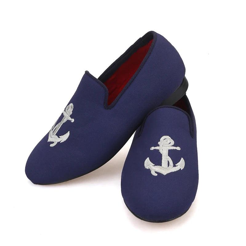 Kids Loafers Nautical Charm: Handcrafted Navy Canvas Children's Loafers with Embroidery - Loafer Shoes - Guocali