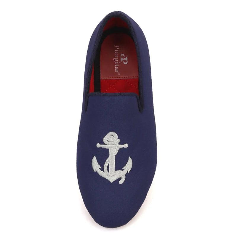 Kids Loafers Nautical Charm: Handcrafted Navy Canvas Children's Loafers with Embroidery - Loafer Shoes - Guocali