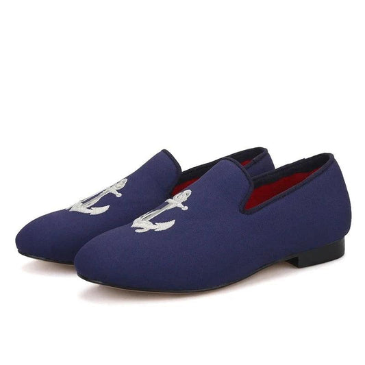 Kids Loafers Nautical Charm: Handcrafted Navy Canvas Children's Loafers with Embroidery-Loafer Shoes-GUOCALI