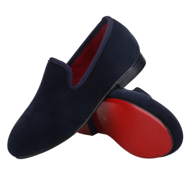 Kids Loafers NauticalTwill: Handmade Navy Parent-Child Loafers with Red Outsole-Loafer Shoes-GUOCALI