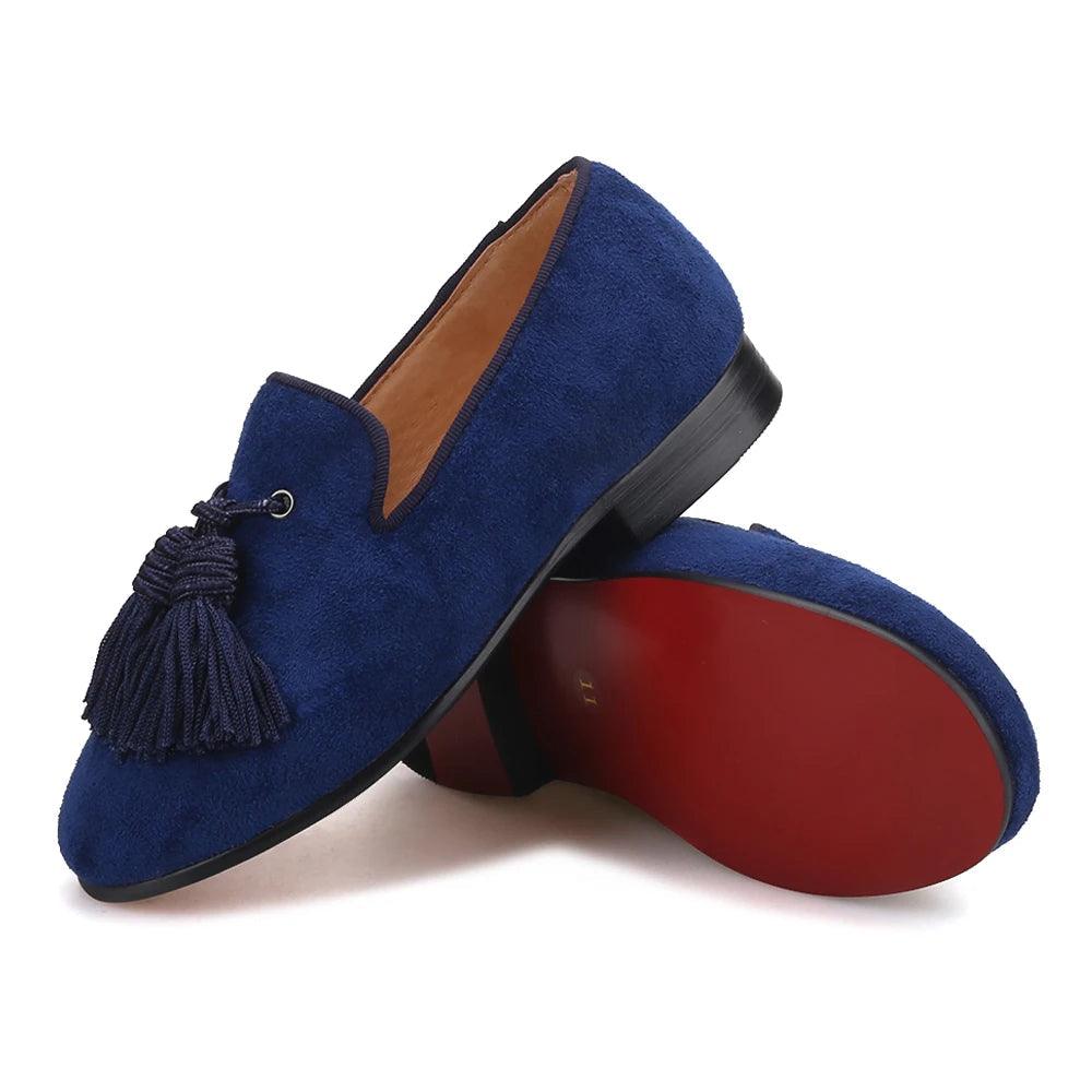 Kids Loafers Navy Suede Kids' Smoking Tassel Loafers for Parties and Birthdays with Red Bottoms-Loafer Shoes-GUOCALI