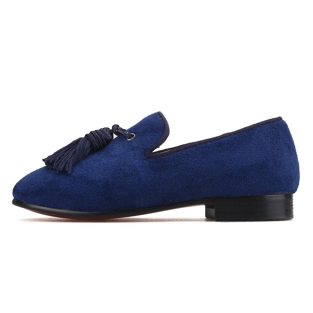 Kids Loafers Navy Suede Kids' Smoking Tassel Loafers for Parties and Birthdays with Red Bottoms-Loafer Shoes-GUOCALI