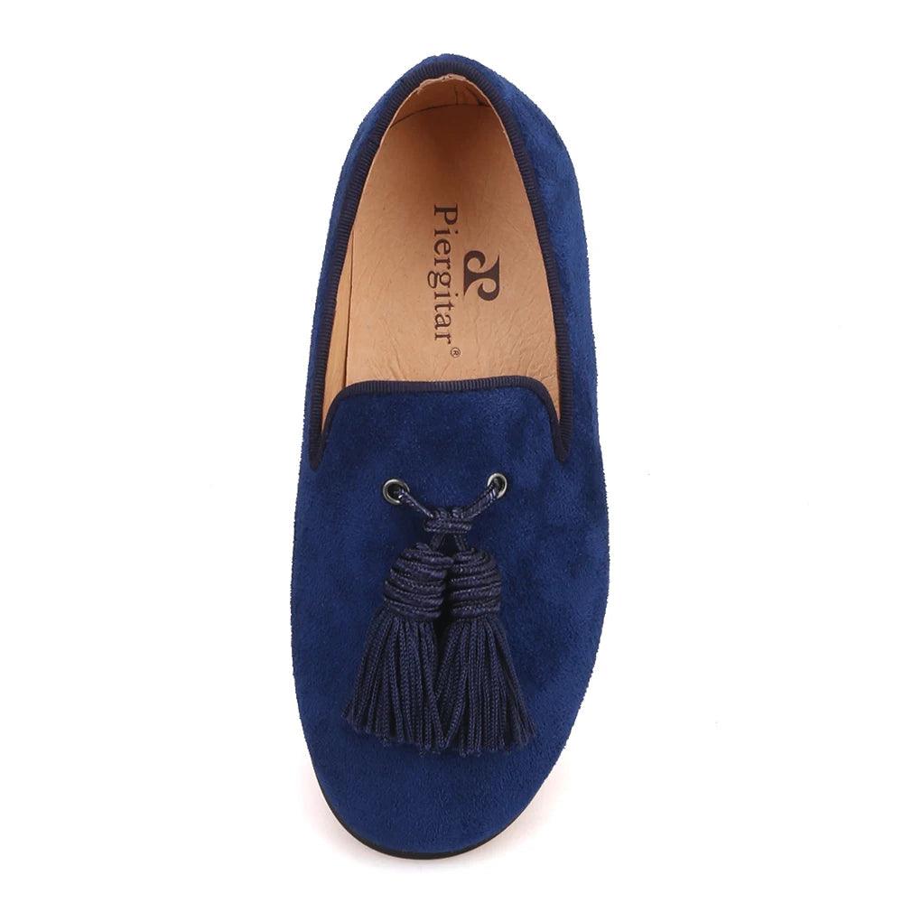 Kids Loafers Navy Suede Kids' Smoking Tassel Loafers for Parties and Birthdays with Red Bottoms-Loafer Shoes-GUOCALI