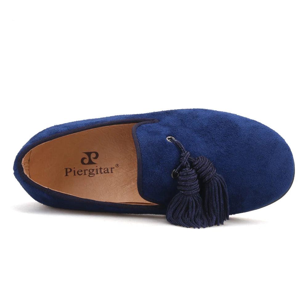 Kids Loafers Navy Suede Kids' Smoking Tassel Loafers for Parties and Birthdays with Red Bottoms-Loafer Shoes-GUOCALI