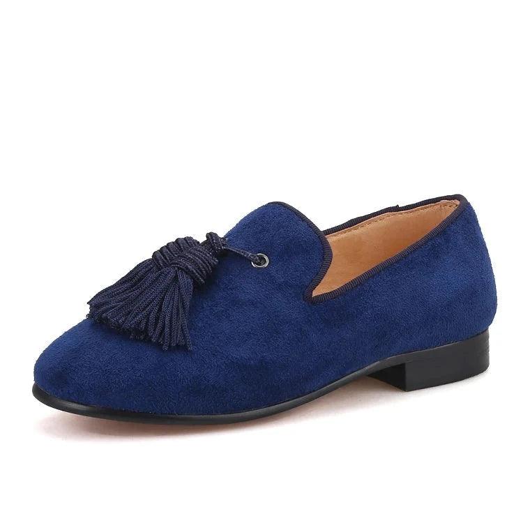 Kids Loafers Navy Suede Kids' Smoking Tassel Loafers for Parties and Birthdays with Red Bottoms-Loafer Shoes-GUOCALI