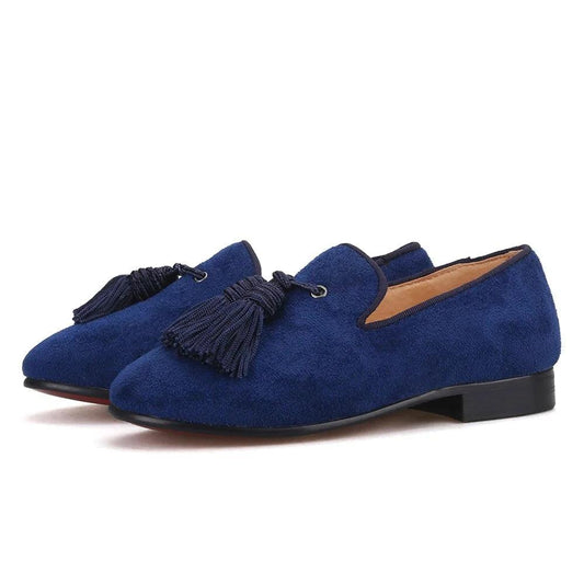 Kids Loafers Navy Suede Kids' Smoking Tassel Loafers for Parties and Birthdays with Red Bottoms-Loafer Shoes-GUOCALI