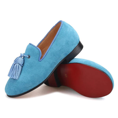 Kids Loafers Sky Blue Suede Kids' Tassel Loafers-Loafer Shoes-GUOCALI