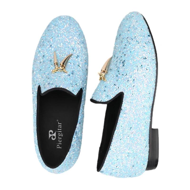 Kids Loafers Starry Strides: Toddler Loafers in Sky Blue Glitter Sequins with Metal Tassel Buckle and Vibrant Red Outsole-Loafer Shoes-GUOCALI