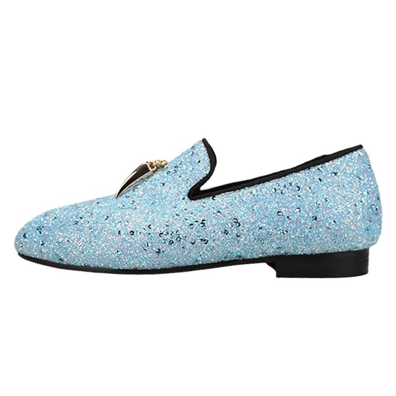 Kids Loafers Starry Strides: Toddler Loafers in Sky Blue Glitter Sequins with Metal Tassel Buckle and Vibrant Red Outsole-Loafer Shoes-GUOCALI