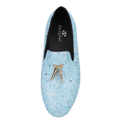 Kids Loafers Starry Strides: Toddler Loafers in Sky Blue Glitter Sequins with Metal Tassel Buckle and Vibrant Red Outsole-Loafer Shoes-GUOCALI