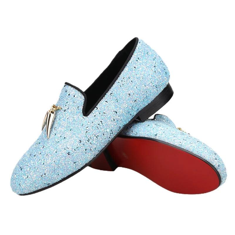 Kids Loafers Starry Strides: Toddler Loafers in Sky Blue Glitter Sequins with Metal Tassel Buckle and Vibrant Red Outsole-Loafer Shoes-GUOCALI