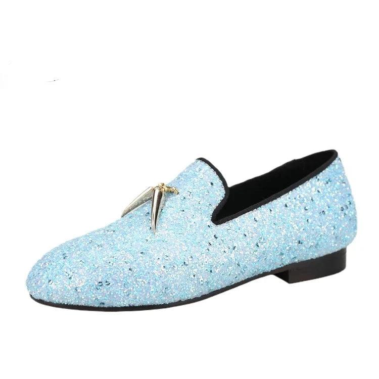 Kids Loafers Starry Strides: Toddler Loafers in Sky Blue Glitter Sequins with Metal Tassel Buckle and Vibrant Red Outsole-Loafer Shoes-GUOCALI