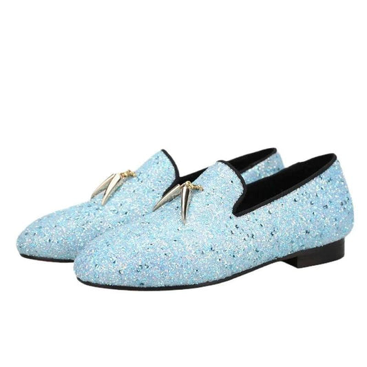 Kids Loafers Starry Strides: Toddler Loafers in Sky Blue Glitter Sequins with Metal Tassel Buckle and Vibrant Red Outsole-Loafer Shoes-GUOCALI