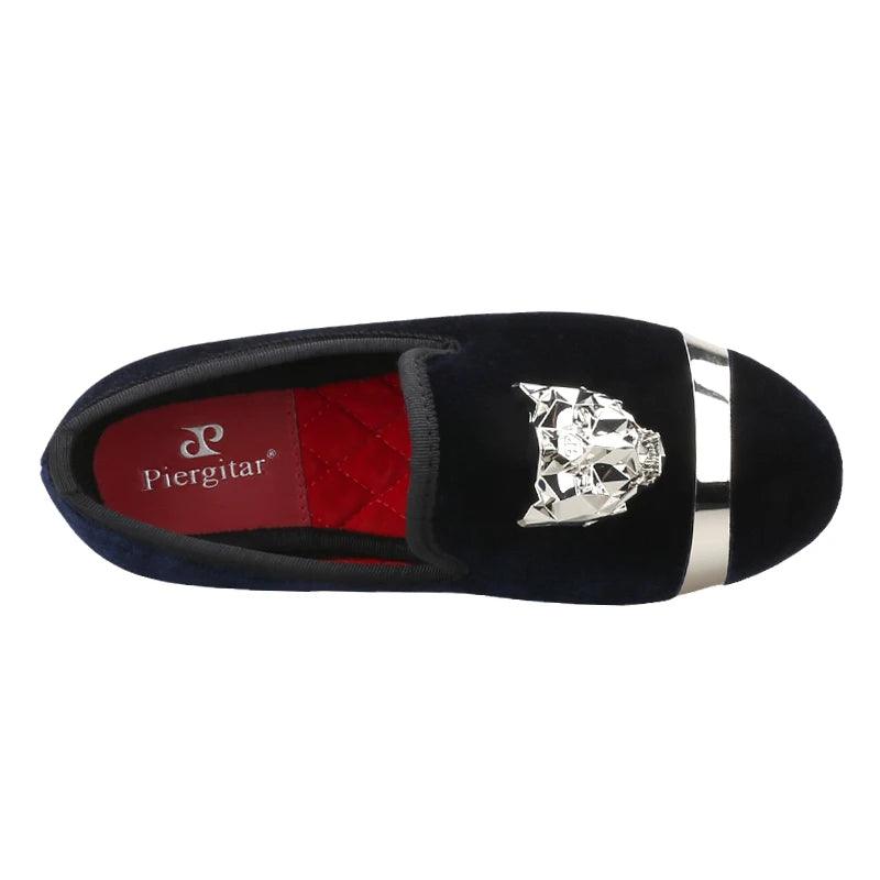 Kids Loafers Velvet Navy Delight: Handmade Children's Loafers with Silver Buckle-Loafer Shoes-GUOCALI