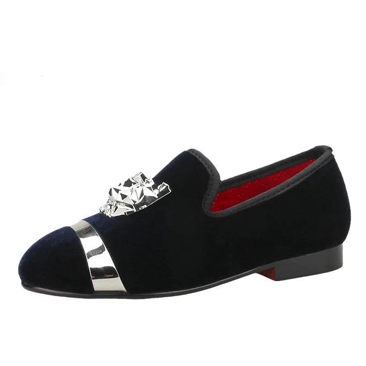 Kids Loafers Velvet Navy Delight: Handmade Children's Loafers with Silver Buckle-Loafer Shoes-GUOCALI