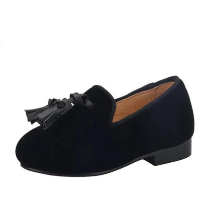 Kids Loafers Velvet Sophistication: Black Velvet Children's Spiked Loafer Shoes with Tassel - Loafer Shoes - Guocali