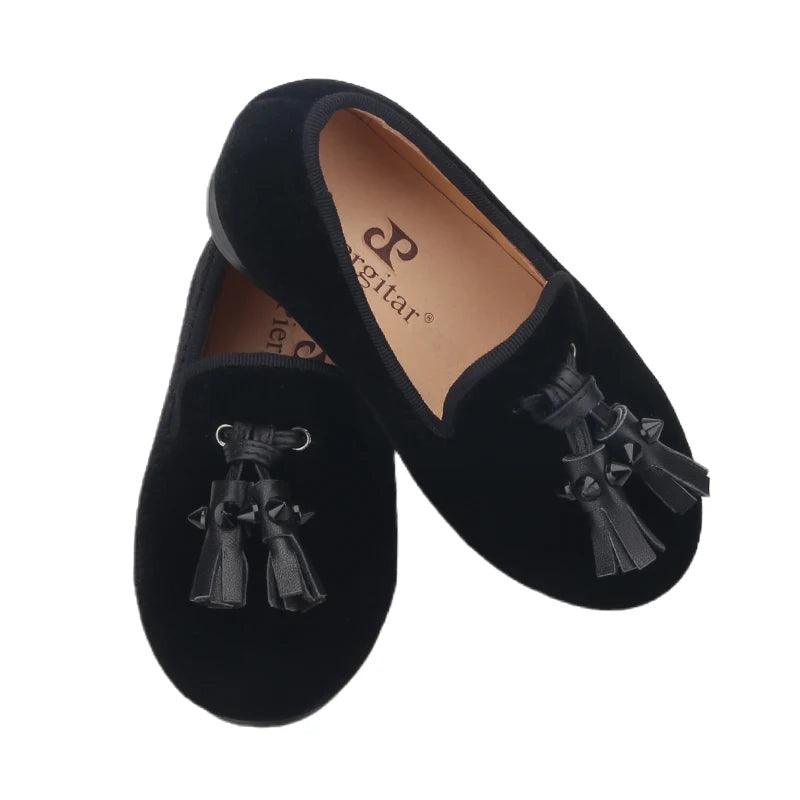 Kids Loafers Velvet Sophistication: Black Velvet Children's Spiked Loafer Shoes with Tassel-Loafer Shoes-GUOCALI