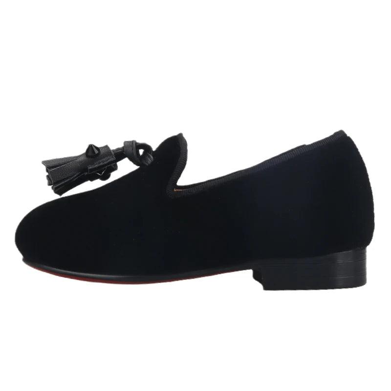 Kids Loafers Velvet Sophistication: Black Velvet Children's Spiked Loafer Shoes with Tassel-Loafer Shoes-GUOCALI