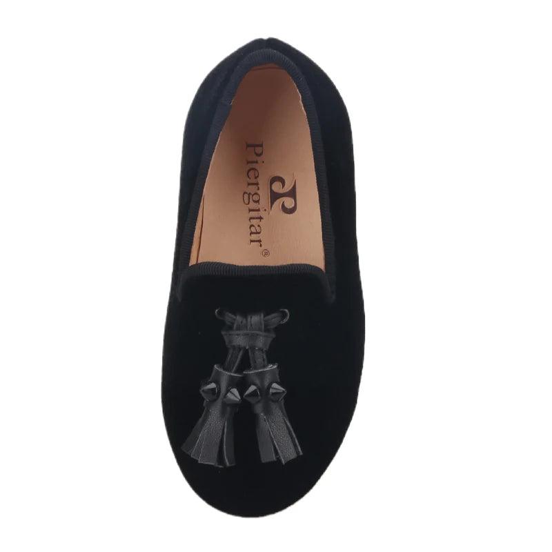 Kids Loafers Velvet Sophistication: Black Velvet Children's Spiked Loafer Shoes with Tassel-Loafer Shoes-GUOCALI