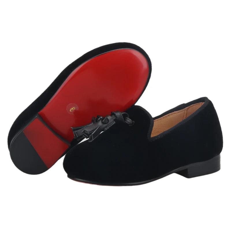 Kids Loafers Velvet Sophistication: Black Velvet Children's Spiked Loafer Shoes with Tassel-Loafer Shoes-GUOCALI