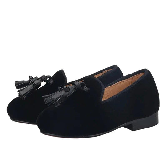 Kids Loafers Velvet Sophistication: Black Velvet Children's Spiked Loafer Shoes with Tassel-Loafer Shoes-GUOCALI
