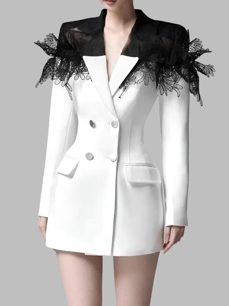 Lace Patchwork Notched Collar Blazer Dress - Blazer Dress - Guocali