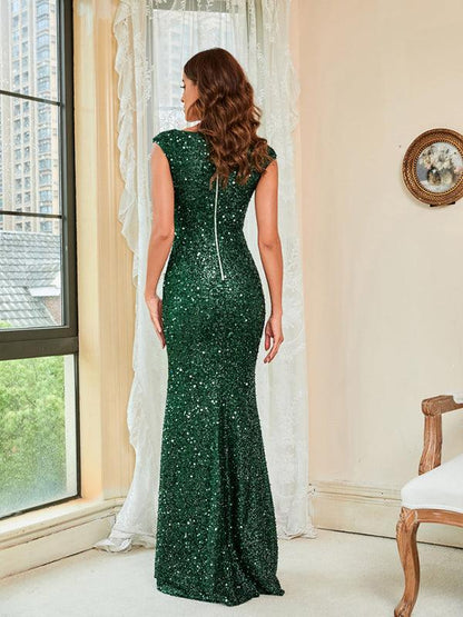 Ladies Sequin Green Sling Maxi Party Dress - Dresses - Guocali