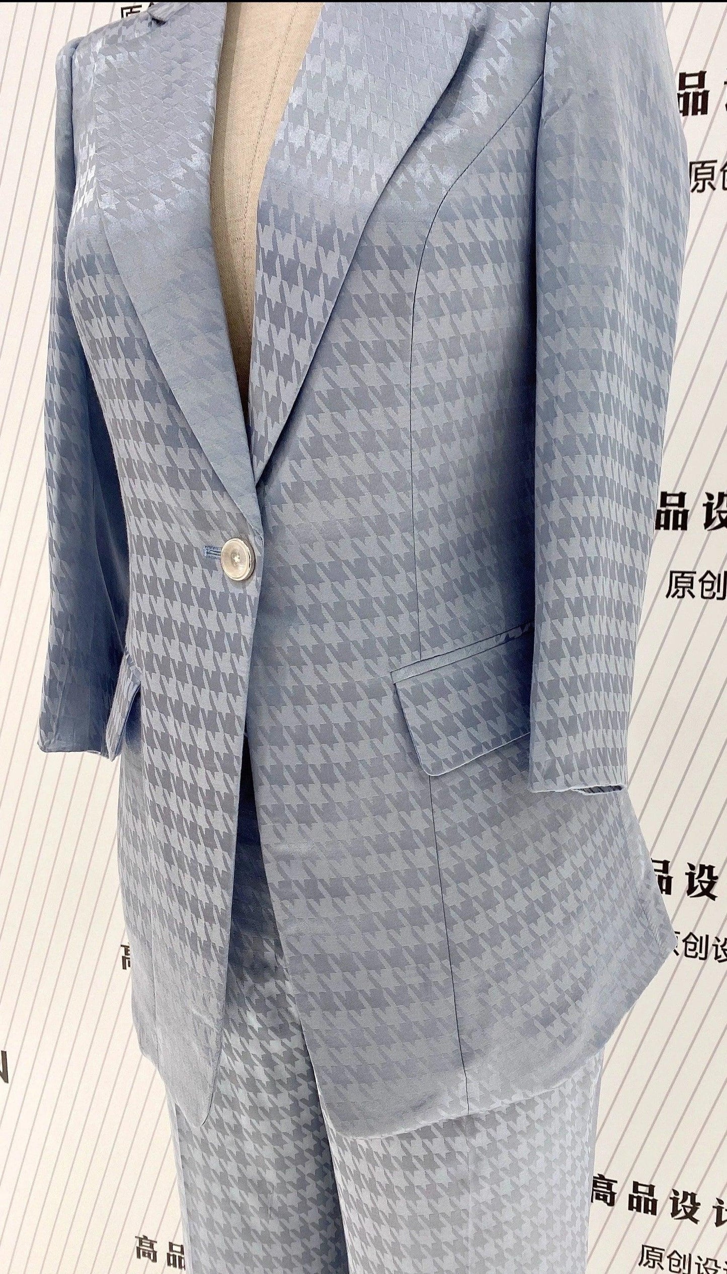 Light Blue Plaid Pant Suit, Thin Women Trouser Suit - Pantsuit - Guocali
