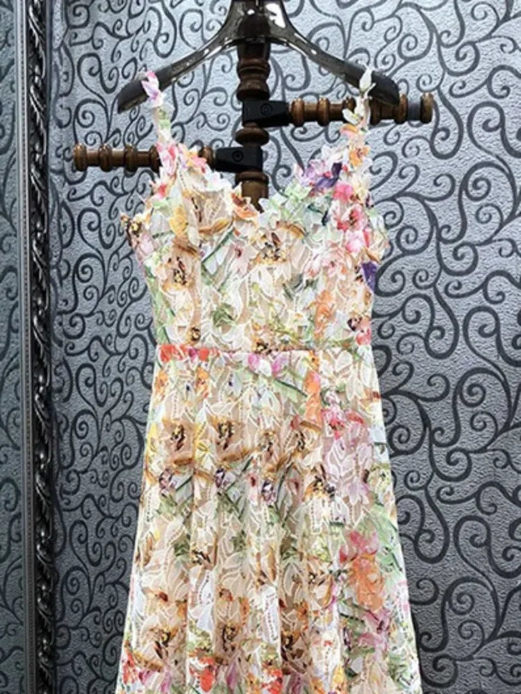 Long Printed 3D Flower Dress - Long Dress - Guocali