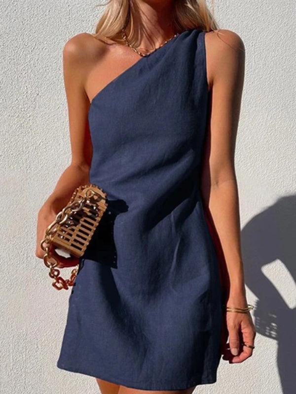 Casual Solid Color Slant Shoulder Dress