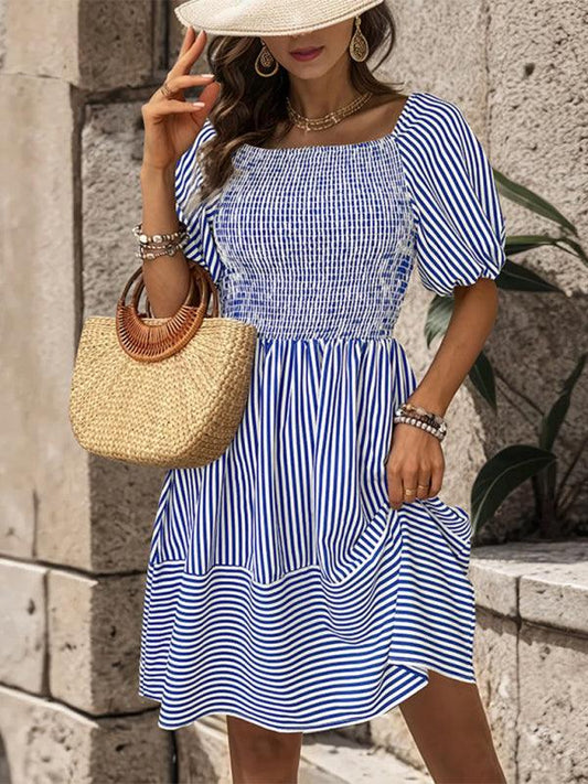 Puff Sleeve Striped Backless Dress